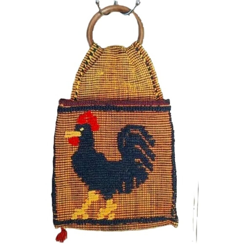 Vintage Portuguese Rooster Saddlebag‎ Tapestry Wood Handle Decor
